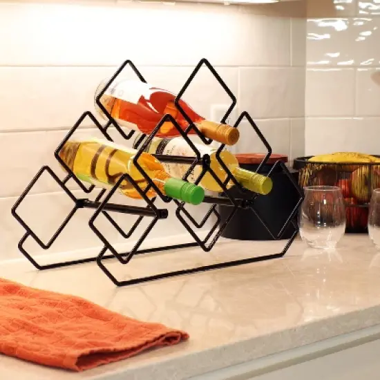 Sunnydaze Modern 6-Bottle Triangular Wine Rack - Indoor Steel Wire Tabletop Accent - Black image {1}