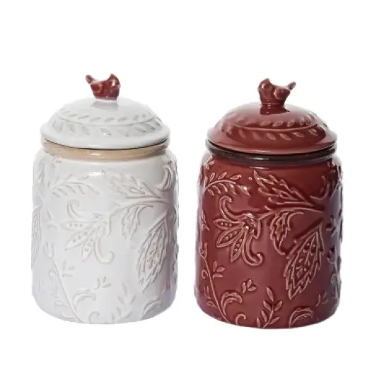 Transpac Ceramic Embossed Cardinal Canister Set of 2 for Christmas Home Decor Decorative Objects image {1}