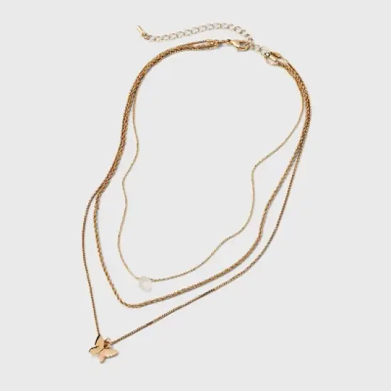 Ball and Snake Chain with Butterfly Charm Multi-Strand Necklace Set 3pc - Universal Thread&trade; Gold image {3}