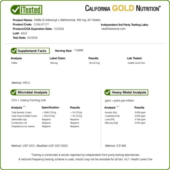 California Gold Nutrition SAMe, Butanedisulfonate, 400 mg, 60 Enteric Coated Tablets image {3}