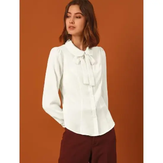 Allegra K Women's Peter Pan Collar Chiffon Bow Tie Neck Puff Sleeve Button Up Shirt image {3}