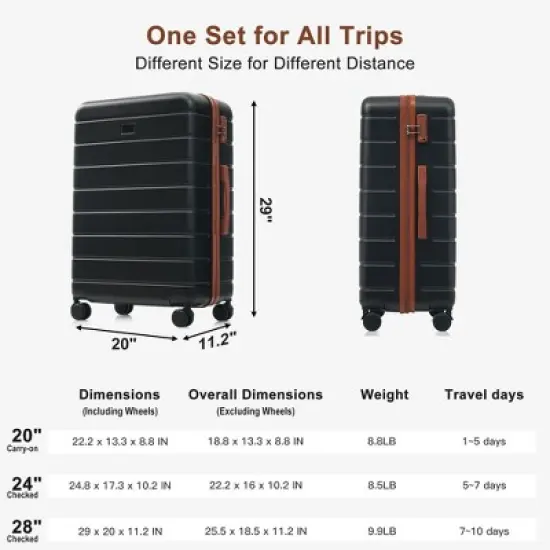 KTMBDW 3-Piece Set (20", 24", 28"), Hardshell Suitcases With Wheels, With Scratch-Resistant Surface, Four Multi-directional Wheels image {3}