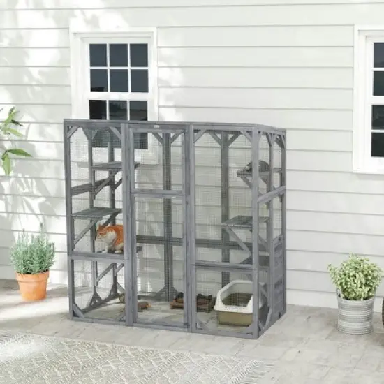 Resenkos Cat Cage, Cat Crate Kennel Enclosure Playpen,Large Wooden Catio Outdoor with 6 Jumping Platforms, Weatherproof Roof,Gray image {1}