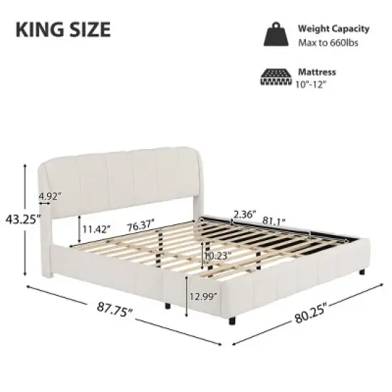 Christopher Knight Home Ella Boucle Upholstered Platform Bed with Headboard, Beige, King image {2}