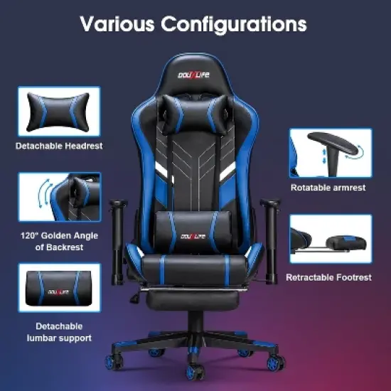 Douxlife Modern 7-Point Massage Ergonomic Gaming Chair with Footrest & Adjustable Armrests Black Blue image {2}