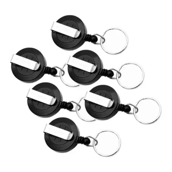 SICURIX Standard Round ID Badge Reel with Belt Clip & Key Ring, Black, Pack of 6 image {6}