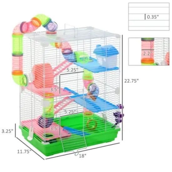 Gulches 18" 5 - Tier Hamster Cage with Tubes, Tunnels, Water Bottle, Food Dish, Exercise Wheel - Green, Ideal for Gerbils Too image {5}
