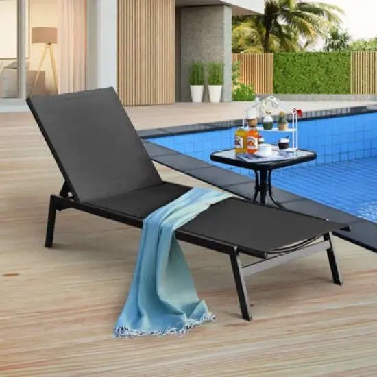 Tangkula Patio Chaise Lounger with 6-Postion Adjustable Backrest and Breathable Fabric Black image {1}