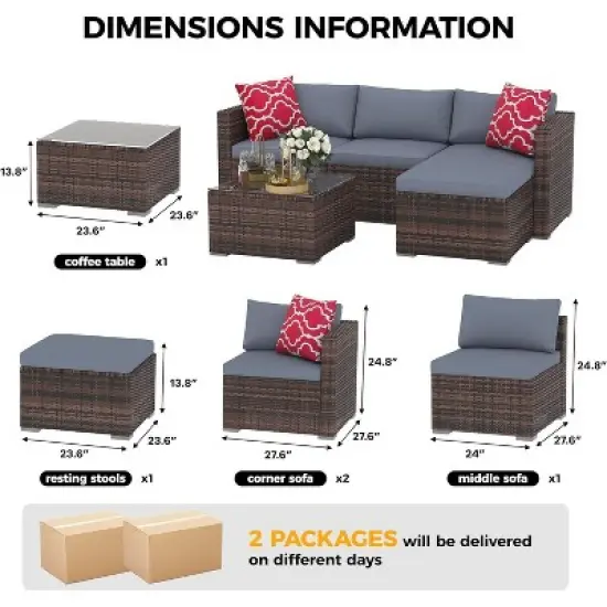 5-Piece Outdoor Sectional Sofa Set with Cushions & Glass Table, All-Weather Wicker Patio Furniture for Balcony, Garden, Porch image {3}
