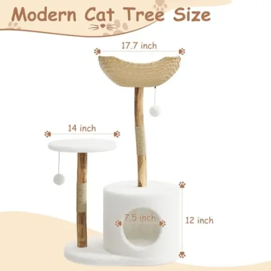 CuisinSmart 43" Modern Natural Wood Cat Tree for Cats Aesthetic Cat Tower with Large Basket, Scratching Posts and Real Branch Design image {1}