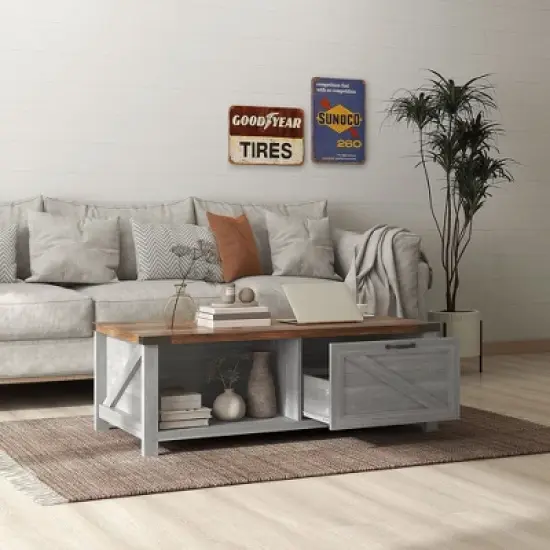HOMCOM Farmhouse Coffee Table with Storage Drawer and Open Shelf, Rustic Coffee Table for Living Room image {1}