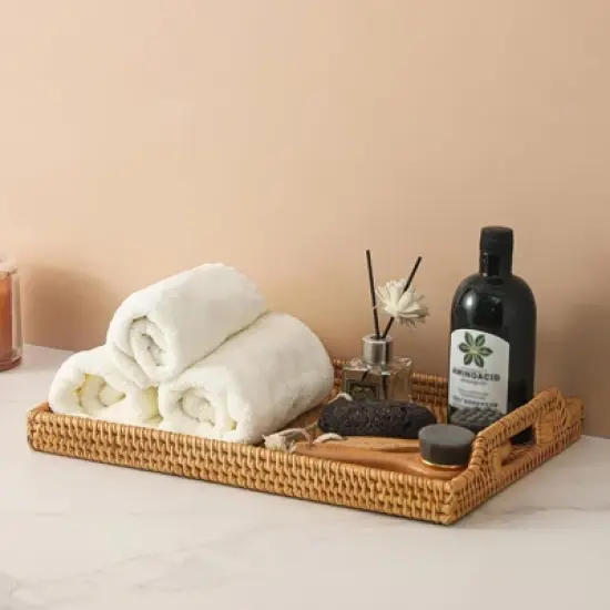 BRINJOY 17" Rectangular Woven Tray - Bohemian Handwoven Rattan Coffee Table Tray with Handles image {4}