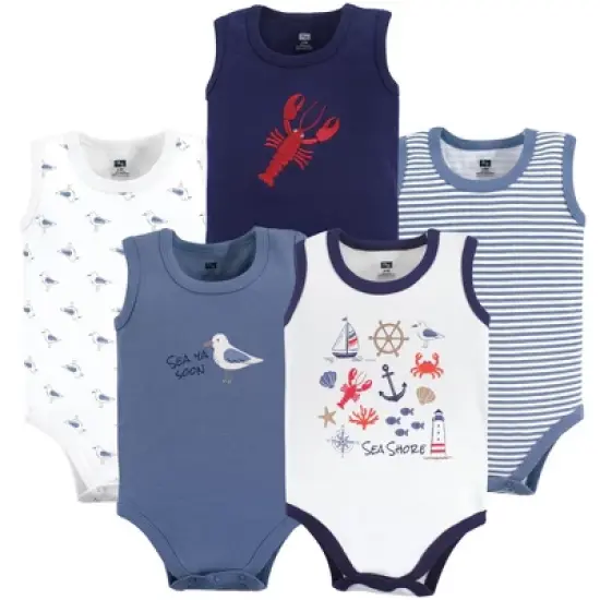 Hudson Baby Infant Boy Cotton Sleeveless Bodysuits 5pk, Sea Shore image {1}