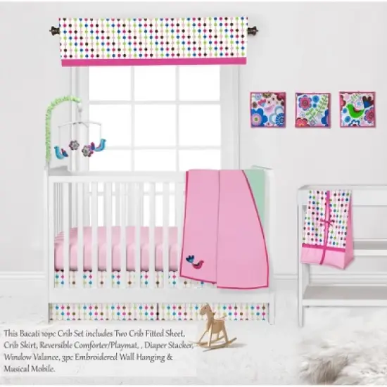 Bacati - Botanical Floral Birds Pink Multicolor 10 pc Crib Bedding Set with 2 Crib Fitted Sheets image {9}