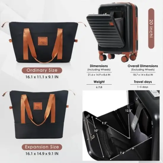 KWPZQEB 2 Piece Luggage Set Carry on Suitcase with ABS Hardshell, Spinner Wheels & TSA Lock, Cup Holder image {5}