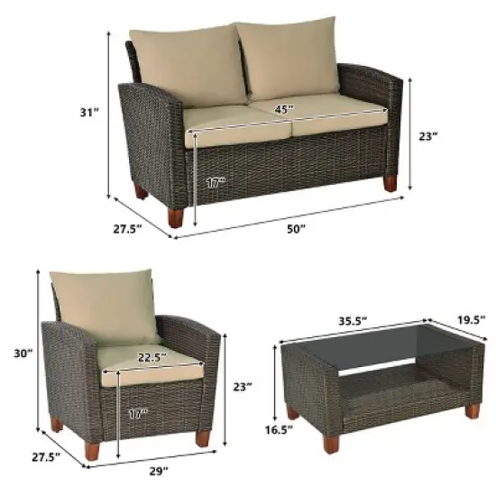 Tangkula 4PCS Cushioned Rattan Conversation Set w/ Coffee Table Patio Outdoor image {8}