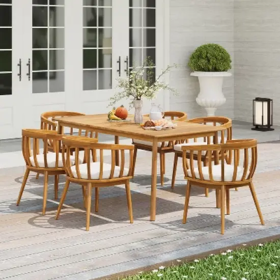 Christopher Knight Home Casper 7 Piece Outdoor Rustic Acacia Wood Dining Set with Slat Paneling image {9}