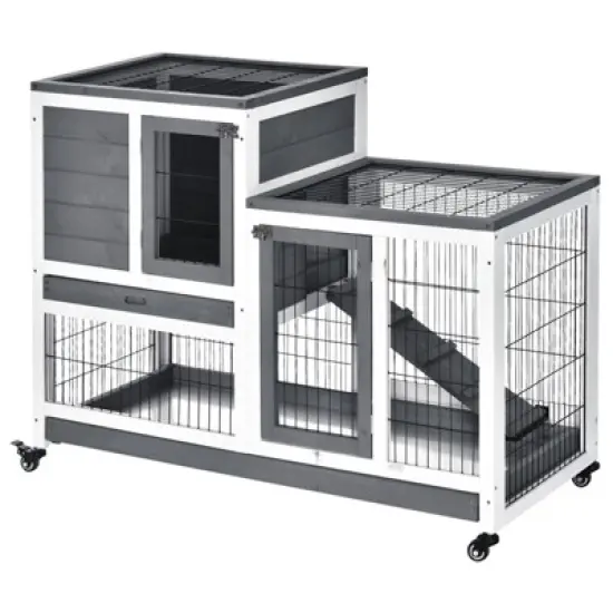 PawHut Wooden Rabbit Hutch Elevated Bunny Cage Indoor Small Animal Habitat with Enclosed Run with Wheels, Ramp, Removable Tray for Guinea Pigs image {9}