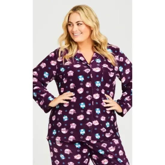 Women's Plus Size Button Owl Sleep Top - Plum | AVENUE image {3}