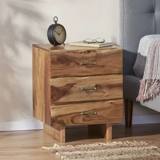 Terrell Handcrafted Boho Acacia Wood 3 Drawer Nightstand Dark Natural - Christopher Knight Home image {1}