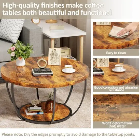 ORRD 31.5" Round 2-Tier Wood Coffee Table: Storage, Modern Accent image {5}