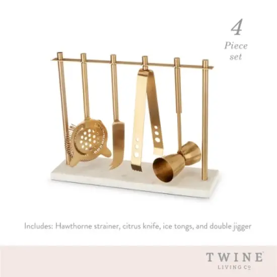 Twine Gold Barware Set, Hawthorne Strainer, Citrus Knife, Ice Tongs, Double Jigger, Marble Stand, Stainless Steel with Gold Finish, Set of 4 image {3}