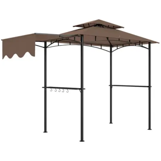 Outsunny 8' x 5' Grill Gazebo, Double Tiered Outdoor BBQ Gazebo with Side Awning, 2 Side Shelves and 6 Hooks for Patio, Deck, Yard, Brown image {6}