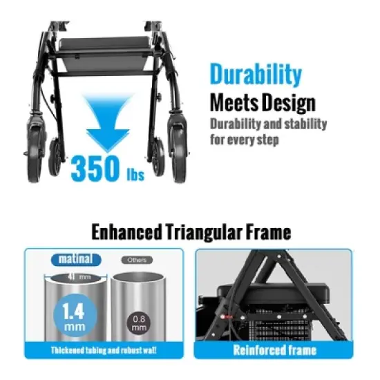Lycvki Aluminum Foldable Rollator Walkers with Seat for Seniors, 350 lb Capacity, 6-Position Height image {5}