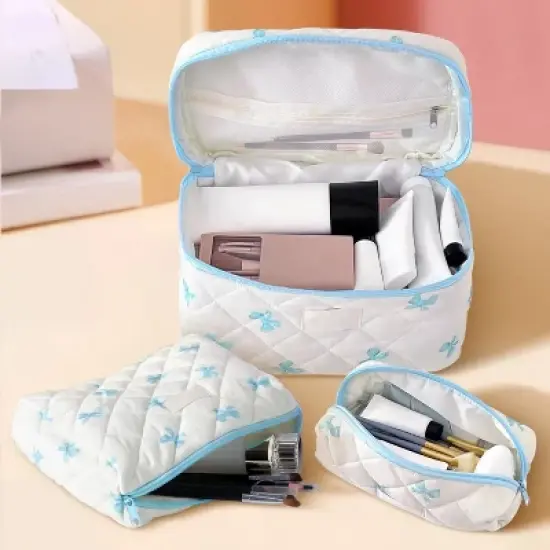 Large Quilted Makeup Bag Set, Cosmetic Bag for Women Girls, Cute Cotton Bow Pattern Travel Toiletry Organizer Bag 3 Set image {4}