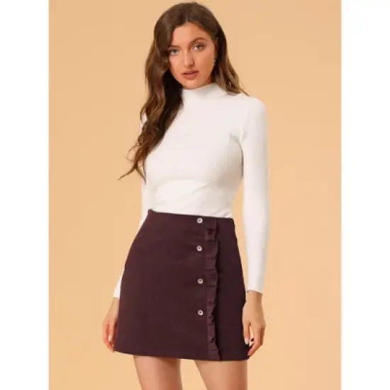 Allegra K Women's Corduroy Vintage Button Decor Ruffled Trim High Waist Mini Skirt image {2}