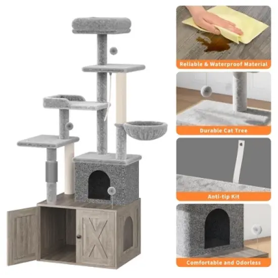 Cat Tree with Litter Box Enclosure, 2-in-1 Modern Cat Tower with Scratching Posts, Multiple Platform and Large Condo, Multilevel Indoor Kitten House image {3}