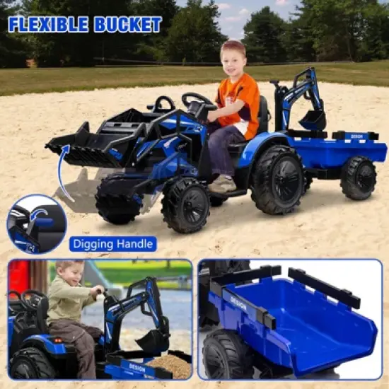 24V 3 in 1 Kids Ride on Tractor, Excavator & Bulldozer, Electric Vehicle w/Trailer, Shovel Bucket, Digger image {4}