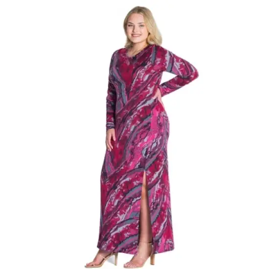 Womens Plus Size Magenta Print Long Sleeve Side Slit Maxi Dress image {1}