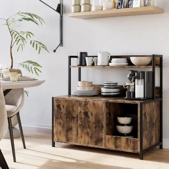 Rustic Brown Cat Litter Box Enclosure with Storage Shelves, Hidden Cabinet with Scratching Pad & Doors image {4}