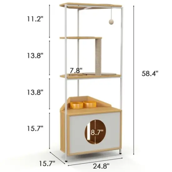 Lirago White and Oak Corner Cat Tower-58.3"H Cat Tree with Scratching Post and Feeding Station image {4}