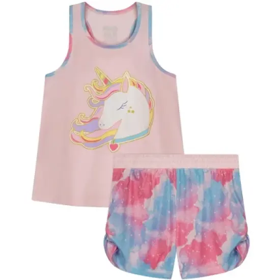 Sleep On It 2-piece  Girl's Pajama Shorts Set Featuring a Sleepy Unicorn -  Pink and Blue Girls Sleepwear Set image {6}