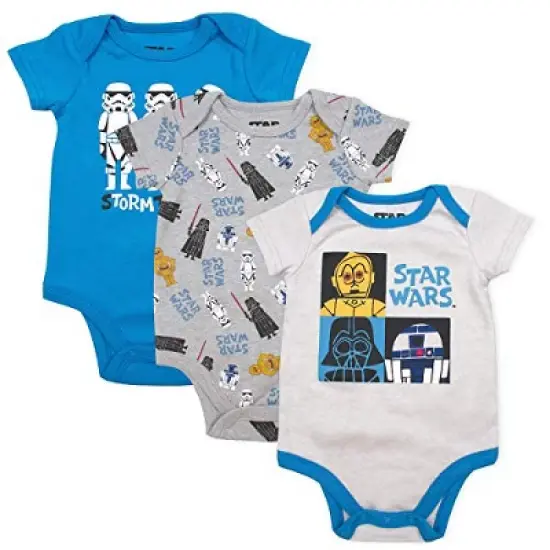 Star Wars Baby Boy's 3 Piece Graphic Printed Bodysuit Creeper with Snap Crotch Button and Shoulder Flaps Bundle Set for infant image {4}