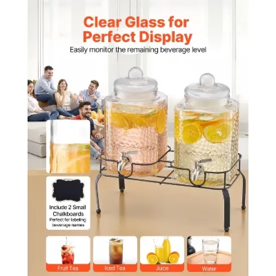 VEVOR Beverage Dispenser, 2 Pack 1.5 Gallon Drink Dispensers for Parties, Glass Juice Dispenser with Metal Stand, Stainless Steel Spigot, Clear image {4}