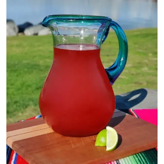 Dos Sue&ntilde;os Mexican Hand Blown  Pitcher - Aqua Rim - 84oz image {2}