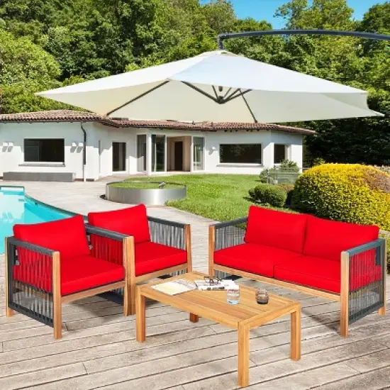 Tangkula Outdoor Patio Wood Conversation Furniture Set Padded Chair with Coffee Table Red/Turquoise image {1}