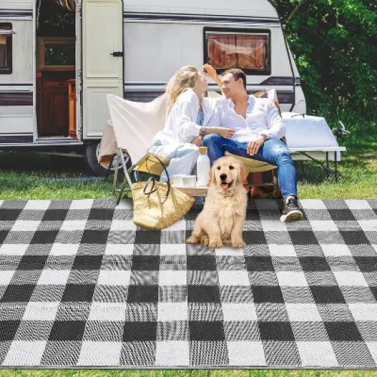 Waterproof Outdoor Rug Uv Resistant Plastic Straw Rug Modern Checkerboard Reversible Plaid Camping Carpet Picnic Mat for Beach, Backyard image {4}
