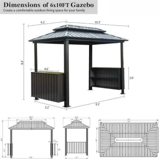 6x10FT Hardtop Grill Gazebo,Double Galvanized Steel Roof BBQ Canopy with Storage Cabinets And Ceiling Hooks-Maison Boucle image {3}