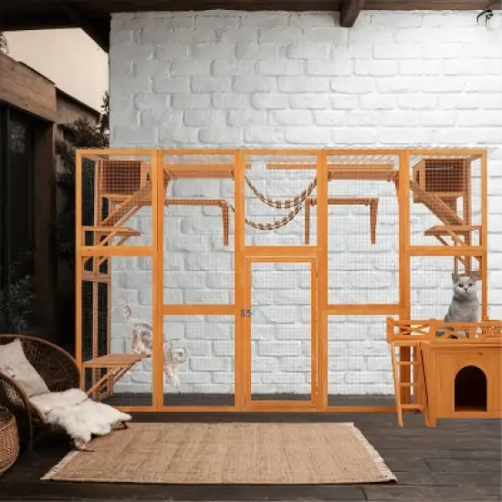 ORRD Outdoor Cat House & Window Box with Shelves, Natural Wood Cat Enclosure for Weather Protection, Includes Bonus Free Cat House, for Patio/Deck image {2}