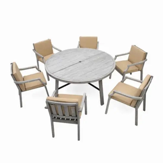 FIONECA 6-Person Outdoor Wooden Dining Set with Umbrella Hole & Removable Cushions, Antique Gray Patio Furniture for Backyard & Garden image {8}