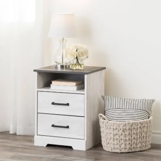 Prepac Rustic Ridge Farmhouse Nightstand with 2 Drawers and Open Cubby Washed White image {8}