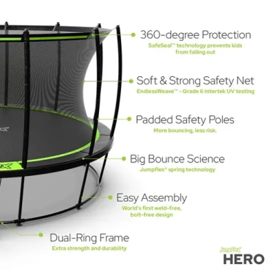 JumpFlex HERO Round Outdoor Backyard Trampoline Playset for Kids with Net Safety Enclosure and Ladder image {1}