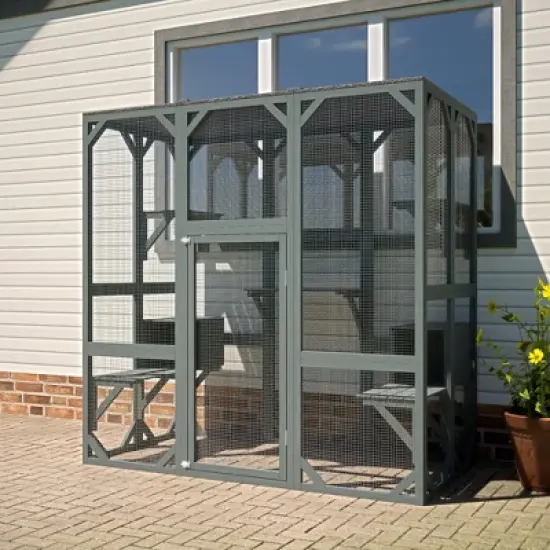 Outdoor Wooden Cat Catio - Large Solid Wood Cage image {7}