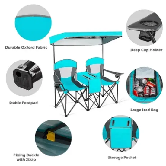 Costway Portable Folding Camping Canopy Chairs w/ Cup Holder Cooler Outdoor Turquoise image {6}