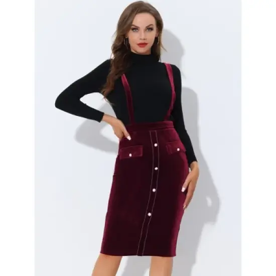 Allegra K Women's High Waist Overall Pencil Bodycon Midi Suspender Pinafore Skirts image {1}