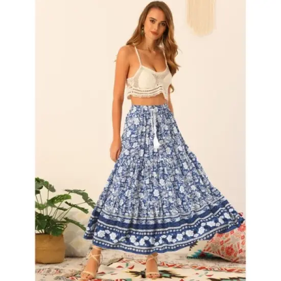Allegra K Women's Summer Floral Boho Tassels Elastic Waist Casual Maxi Skirts image {3}